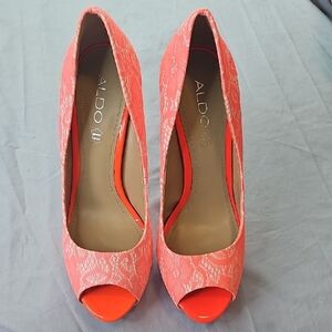 ALDO Bright Coral Lace Peep Toe Heels